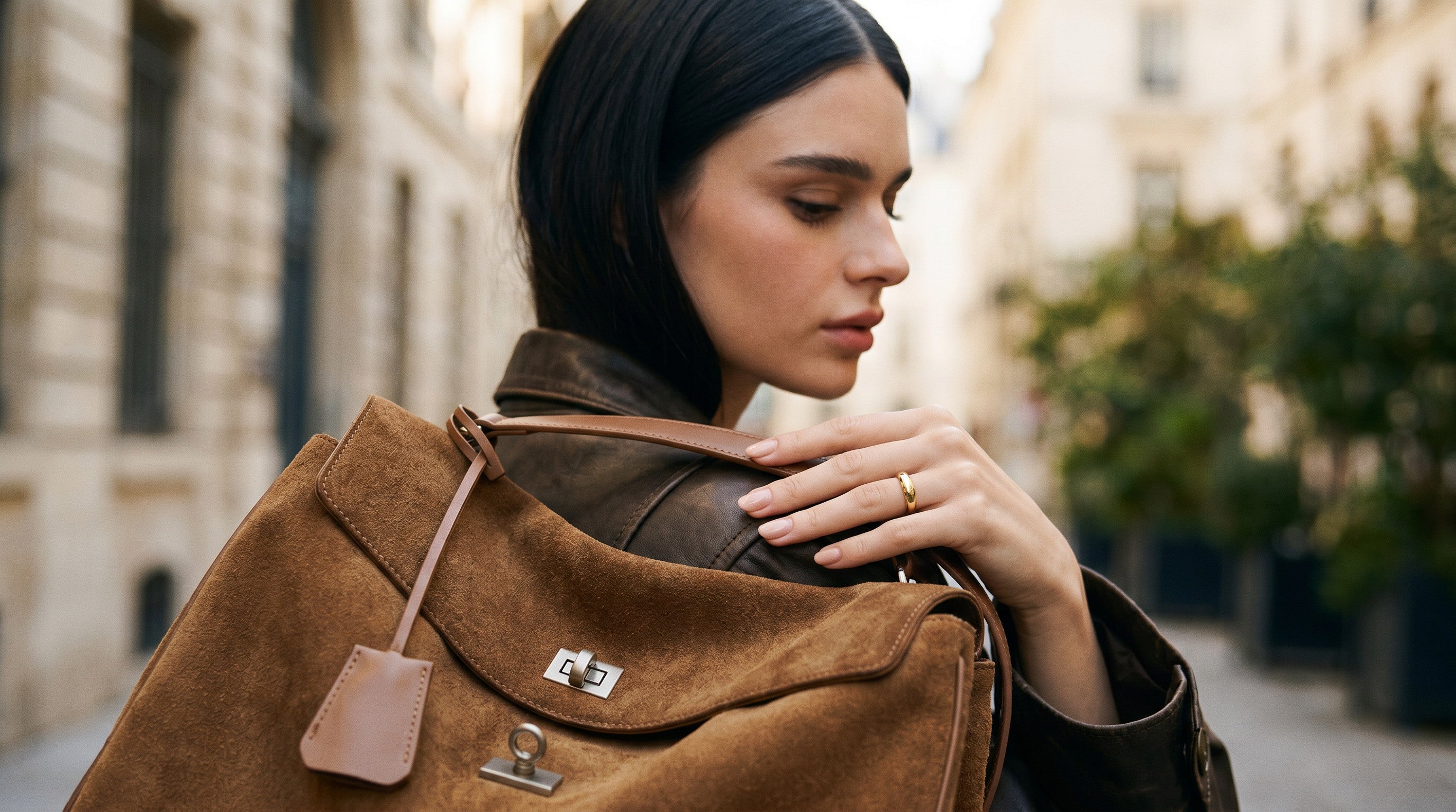 Model on a sunlit Mediterranean coastline holding the ALEONA bag, full frame, golden hour light.