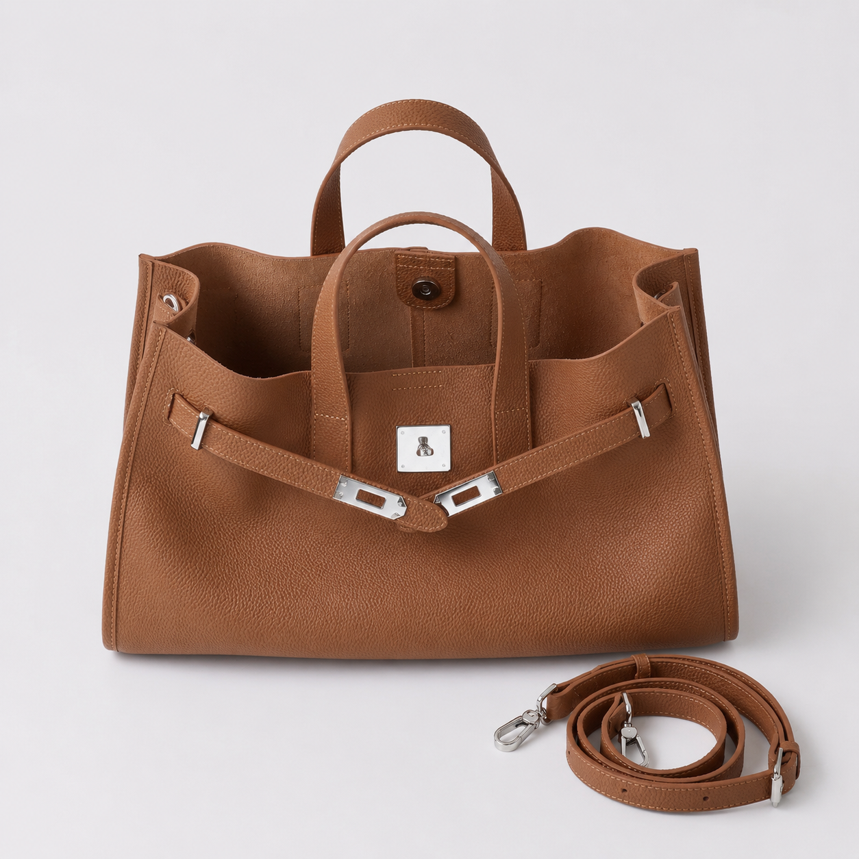 Close-up of L'Essenziale top-grain leather and silver-tone closure hardware.