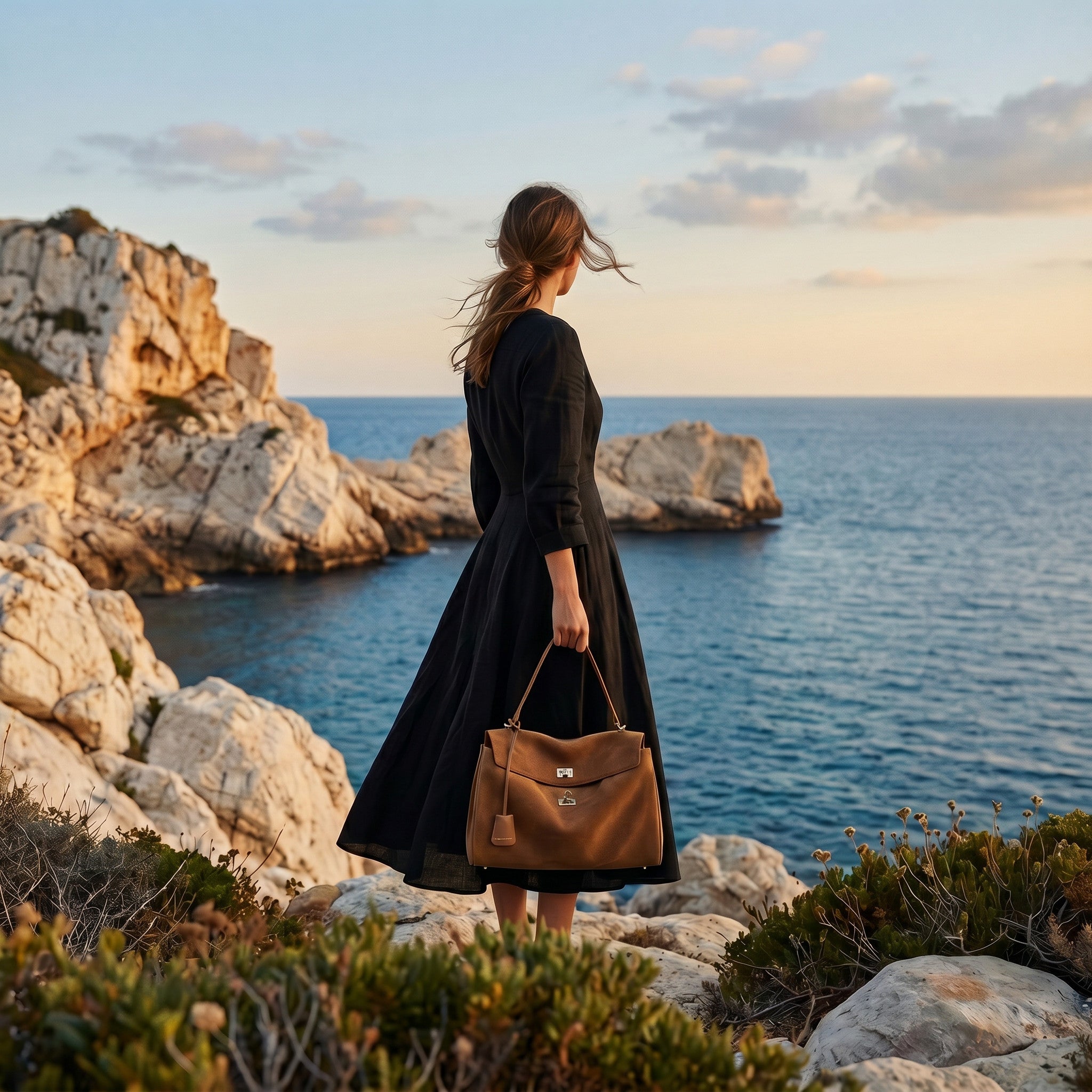 Model on a sunlit Mediterranean coastline holding the ALEONA bag, full frame, golden hour light.