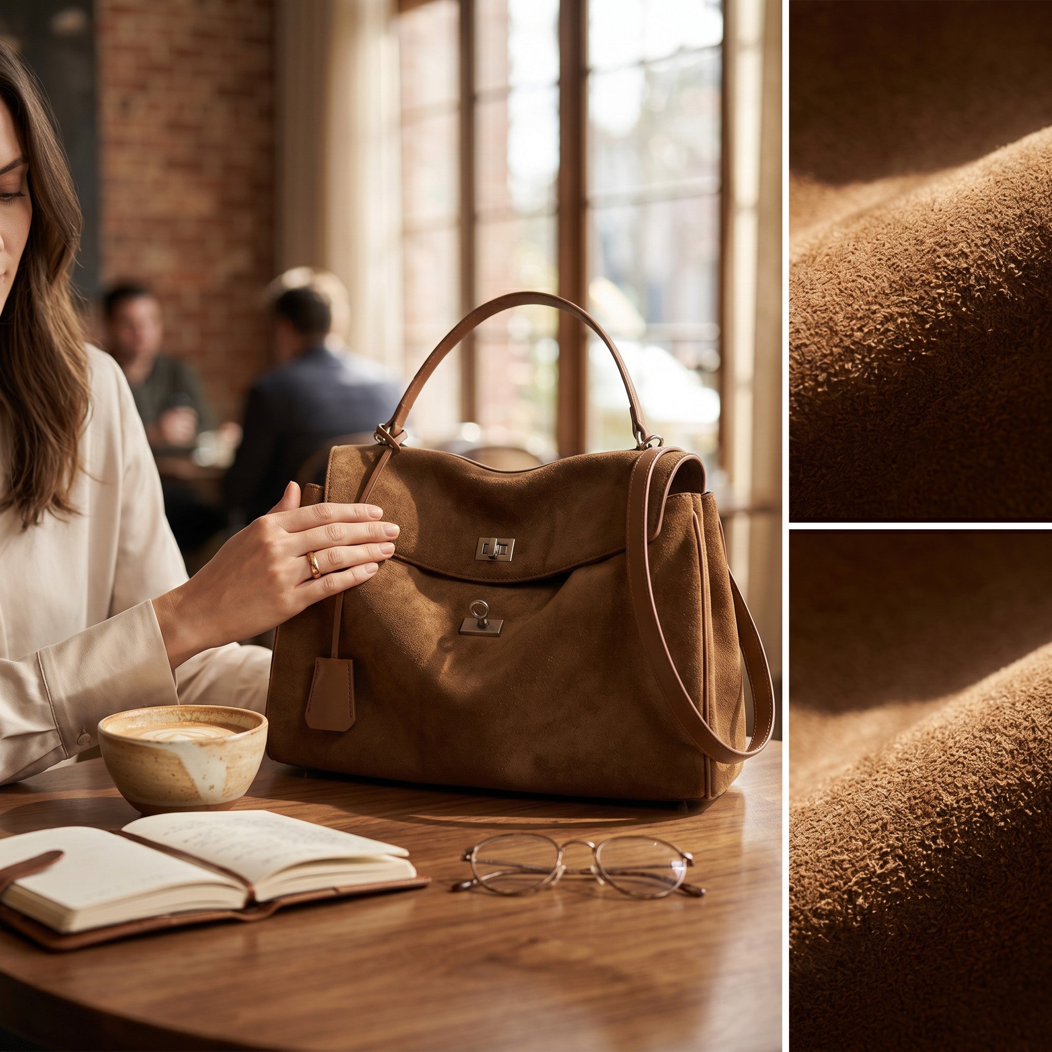 Macro detail of expertly crafted premium suede and solid brass hardware, natural light.